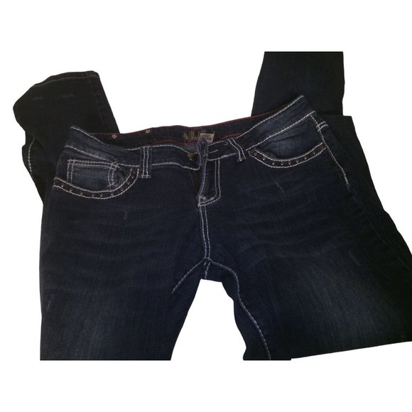 Vintage RED RIVET Dark Blue Wide Ankle Jeans with Contrasting white Threads - Si - Picture 6 of 9